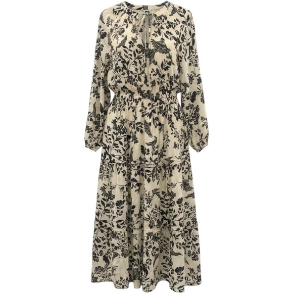 Anne Klein Dresses & Skirts - Anne Klein Dress 14 NWT Tiered Midi Maxi Cream Black Floral Bird Print Boho LS